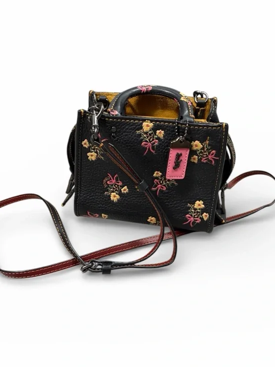 Coach Floral Rogue 17  Leather Mini Satchel - Black with Pink & Yellow Accent - Picture 3 of 8